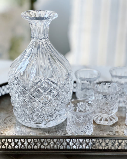 vintage decanter and cordial glasses set on a vintage serving tray