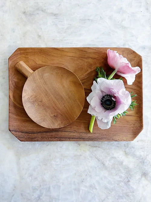 set of teak root trays with white anemones 