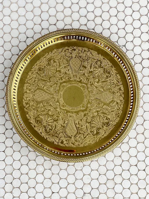 vintage brass serving tray with reticulated edging 