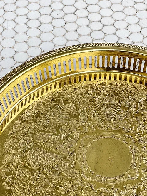 vintage brass serving tray with reticulated edge