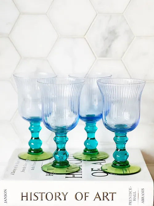 vintage wine glasses in purple, blue and green 