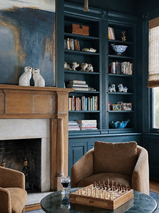 Collected living room with dark blue built-in bookshelves, vintage decor, books and ceramic objects
