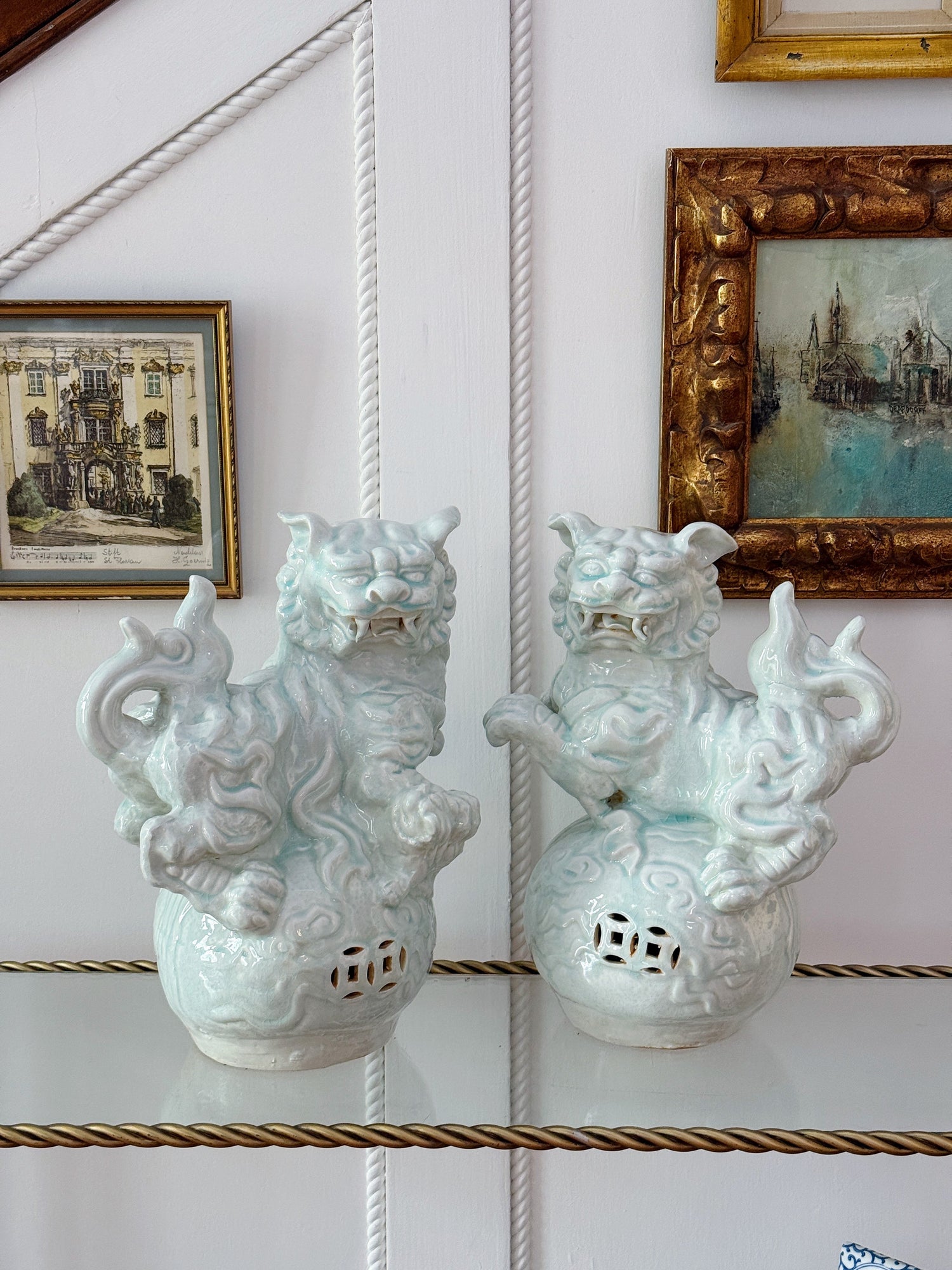 Large Celadon Porcelain Foo Dogs | Pair