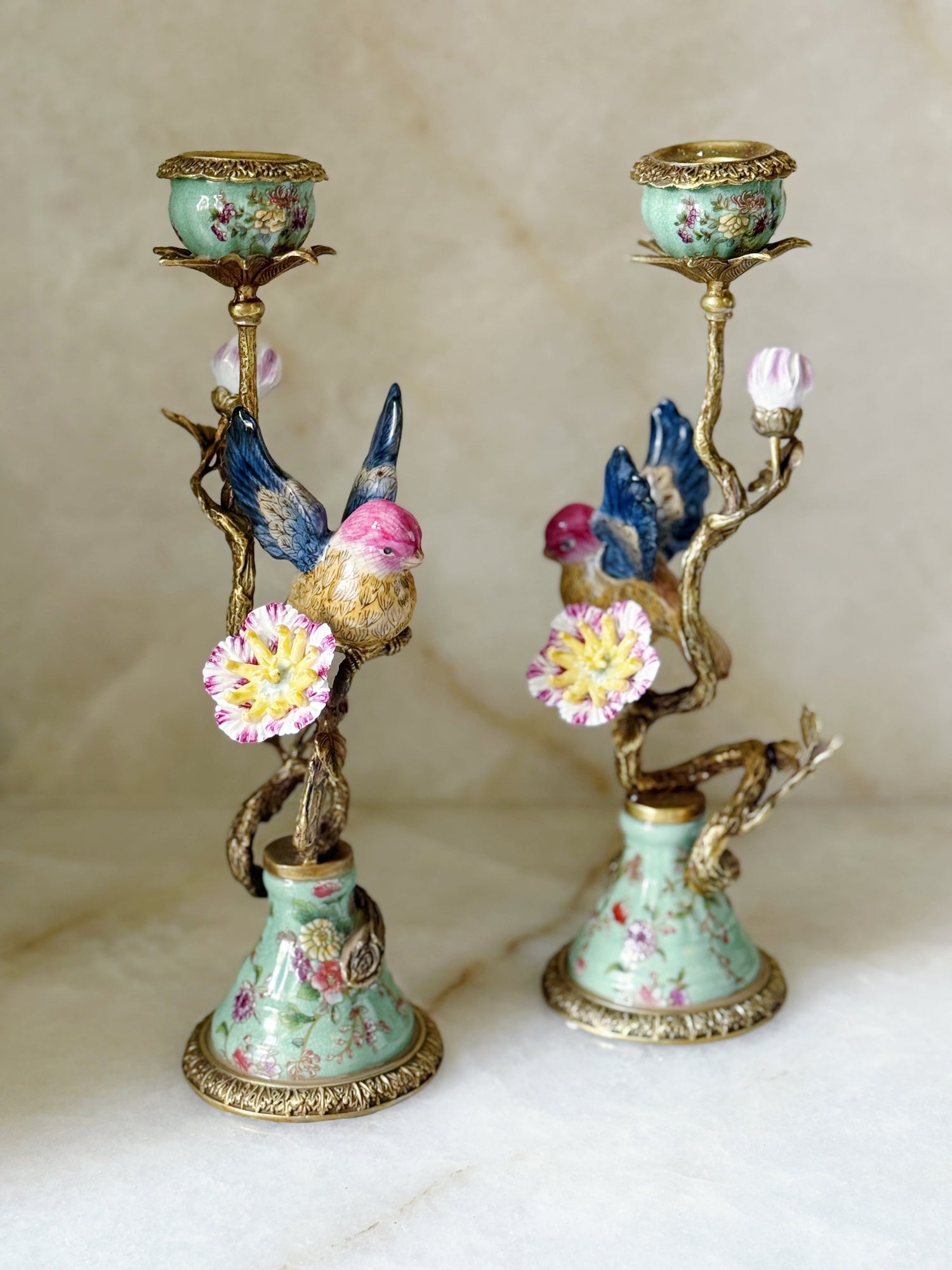 hand painted porcelain candle sticks with bronze ormolu and bird accents by House of Modern Vintage 