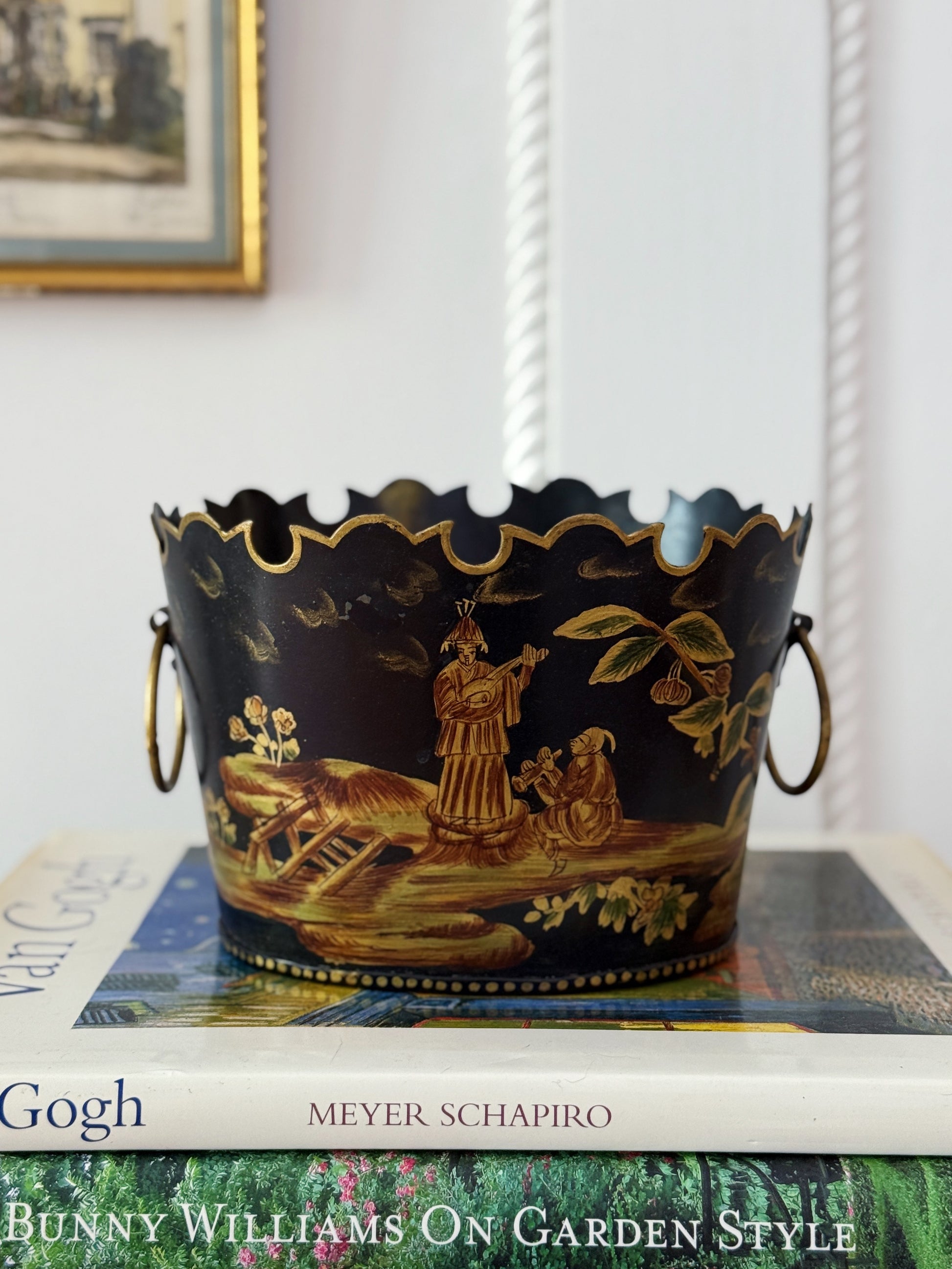Vintage Hand-Painted Tole Planter Cachepot with Chinoiserie Scene & Scalloped Rim