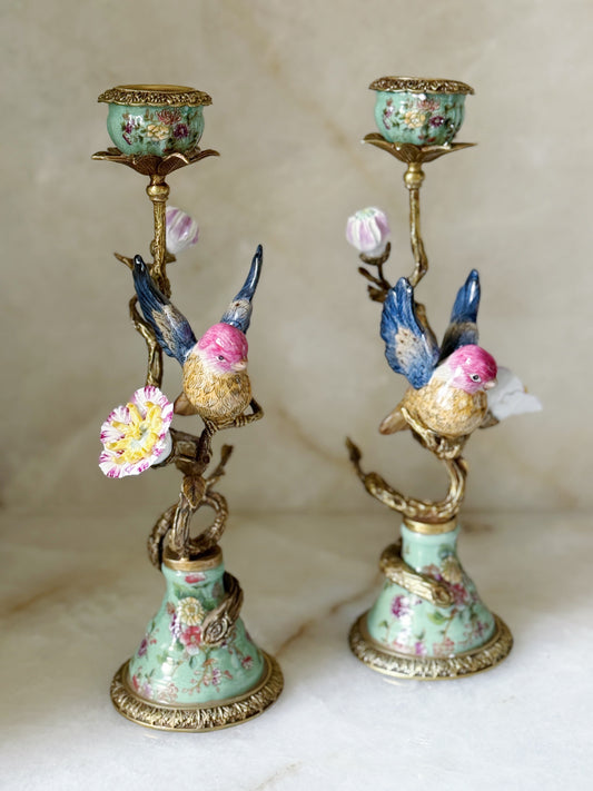 Set of Hand Painted Bird Candelabra with Bronze Ormolu