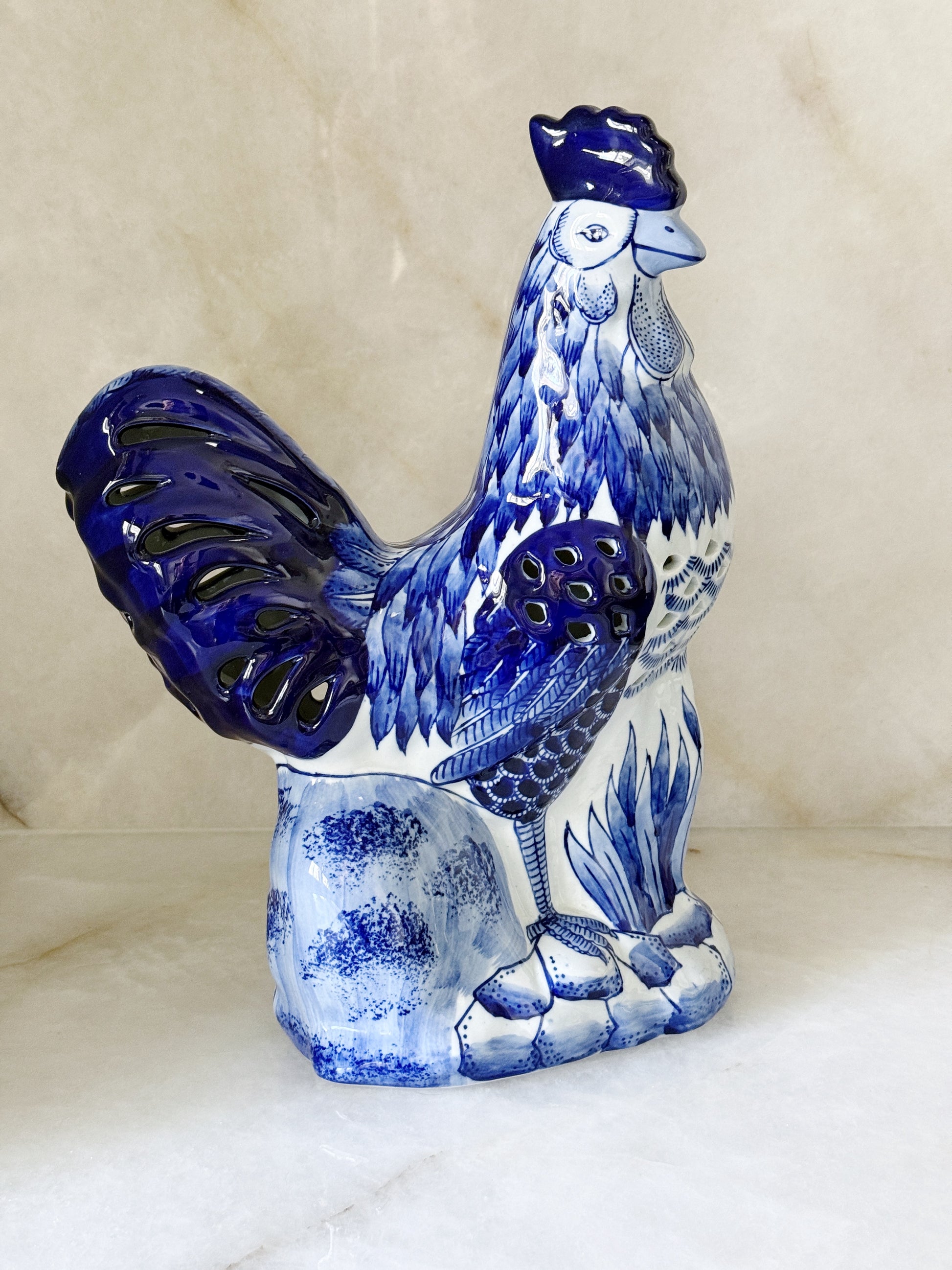 Vintage Blue & White Reticulated Chinoiserie Rooster Figurine