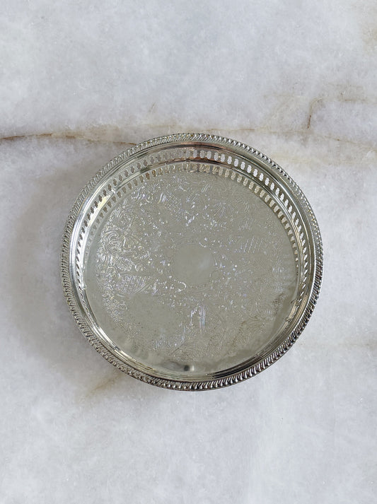 Vintage Silver Embossed Serving Tray with reticulated edge 