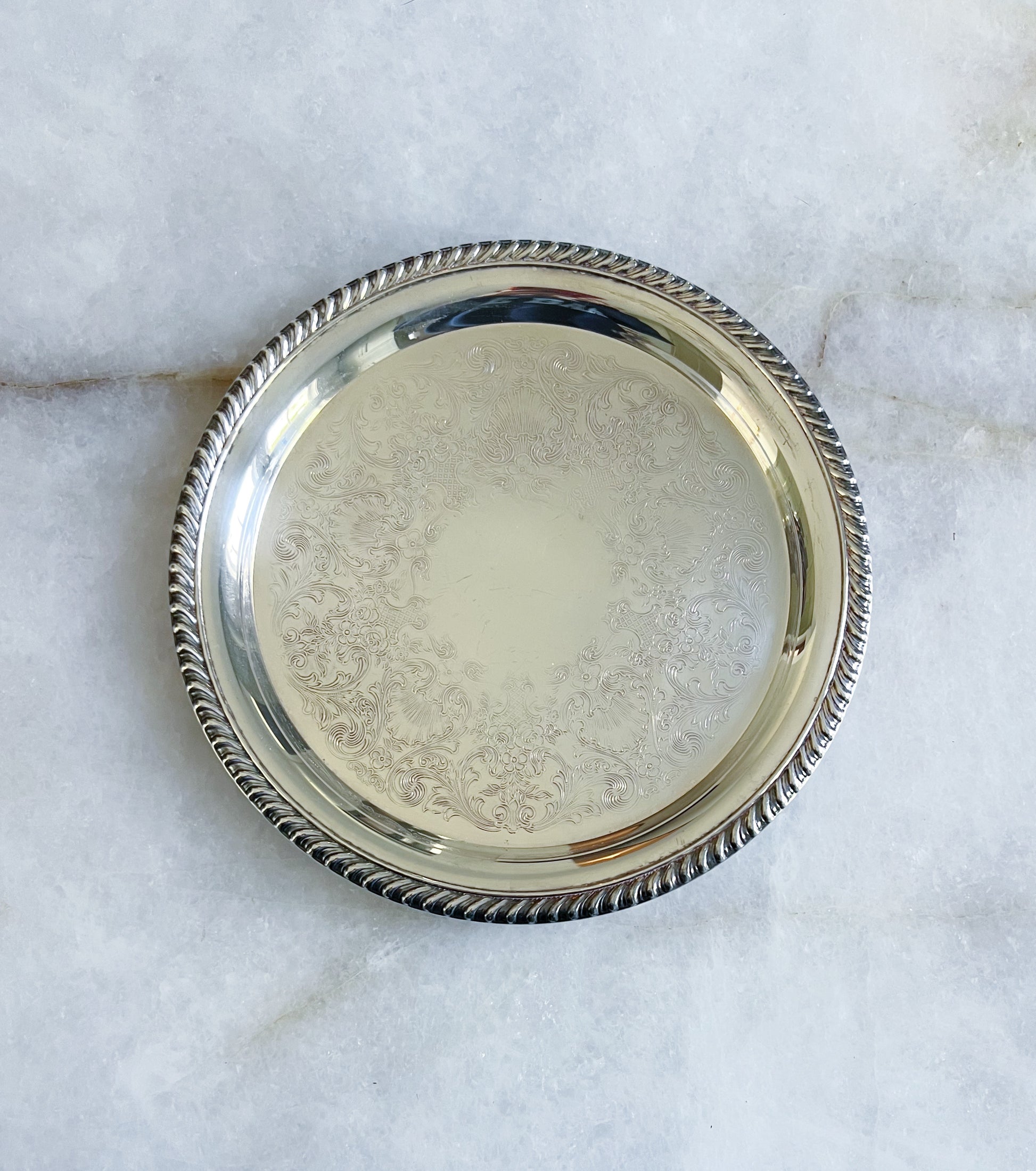 Vintage etched silver serving tray
