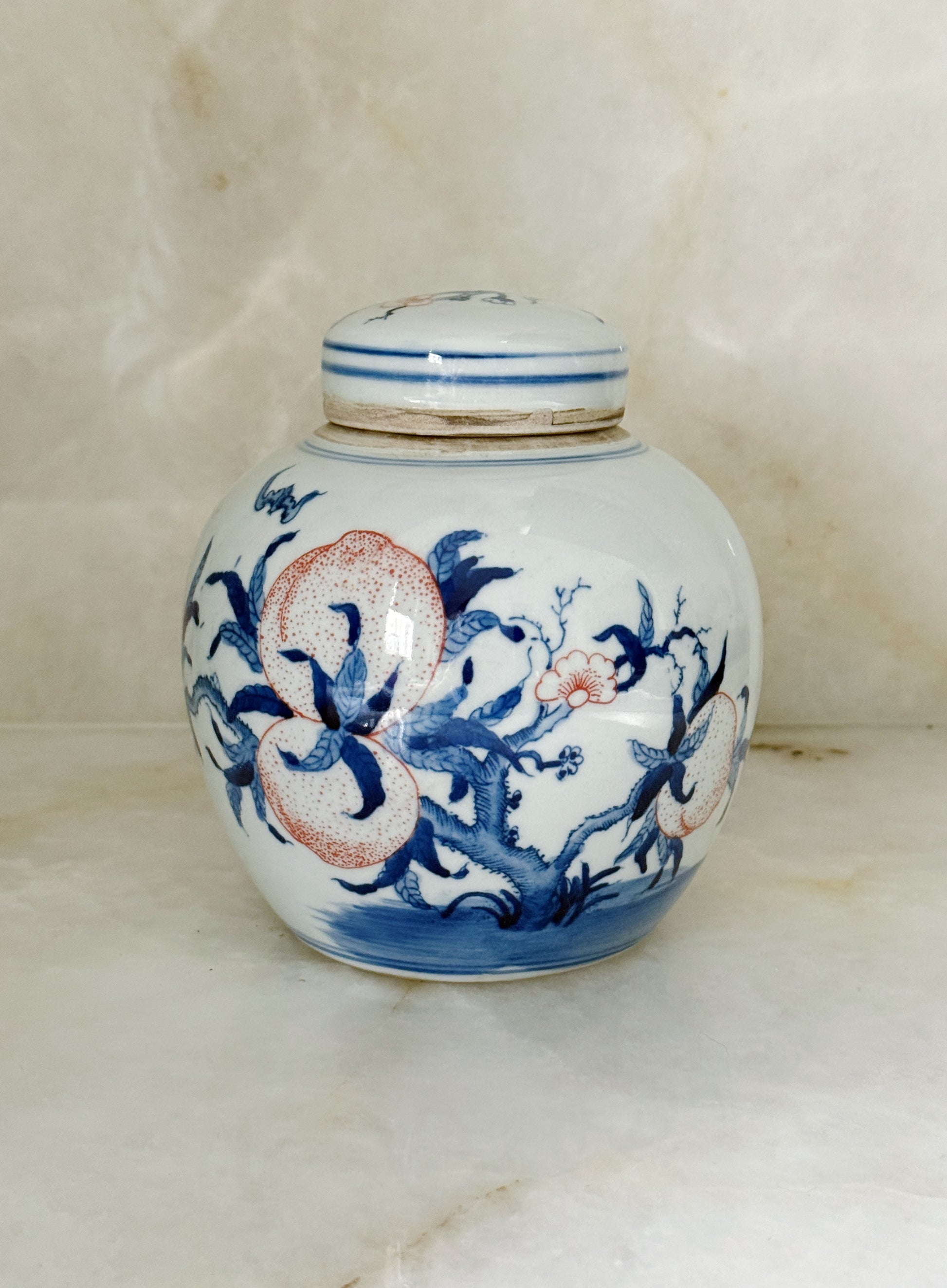 Hand-Painted Blue & Peach Porcelain Ginger Jar