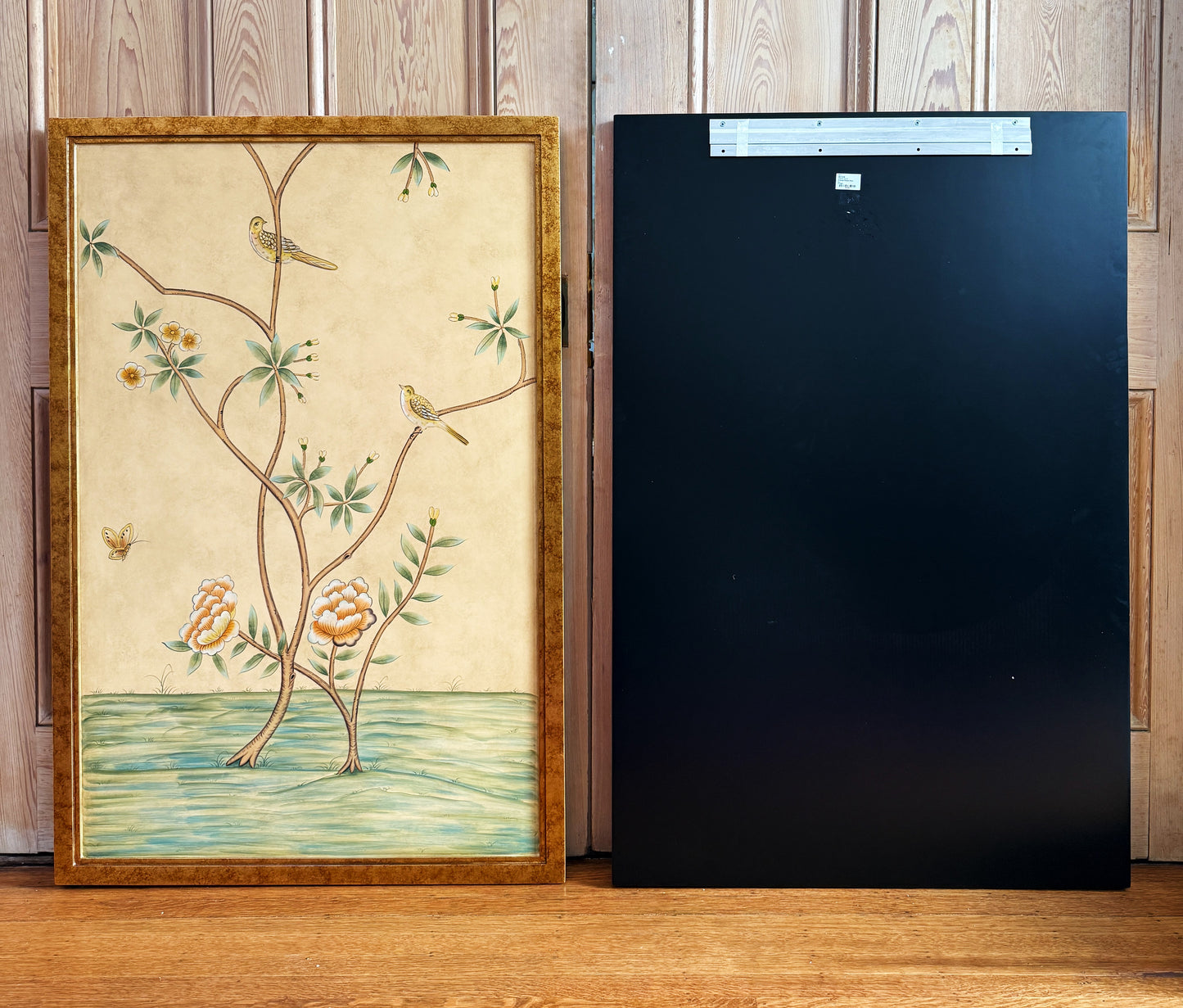 Hand-Painted Framed Chinoiserie Bird Panels, Set of 2
