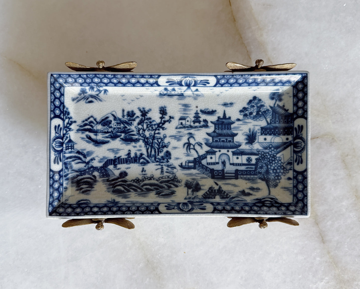 Blue & White Porcelain Tray with Bronze Dragonfly Feet