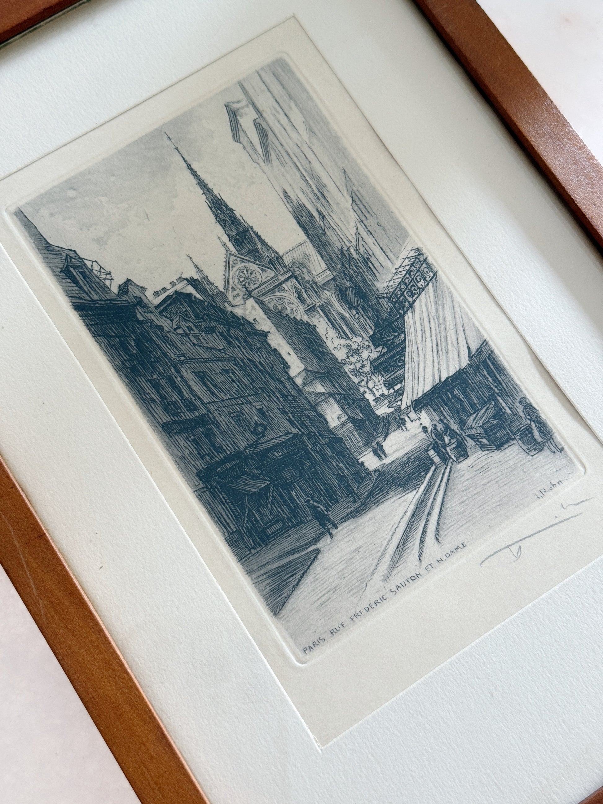 Pair of Vintage Paris Architectural Etchings in Wood Frames