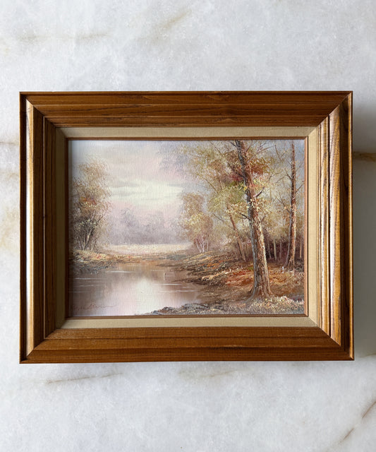 Vintage Framed Oil Painting - River & Autumn Tree Scene