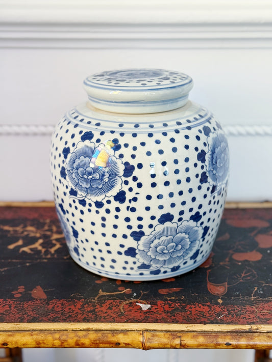 Blue and white ginger jar with peonies