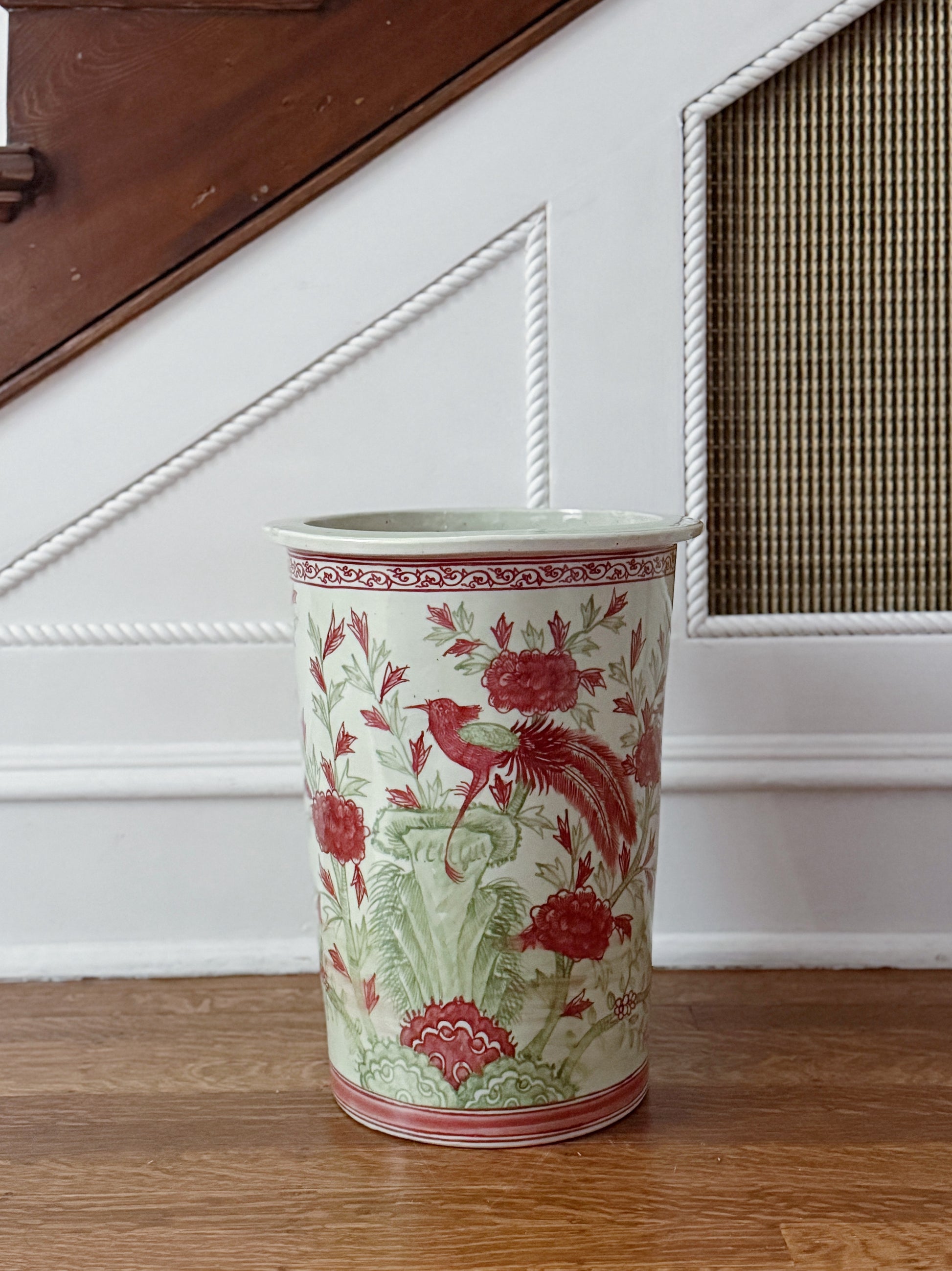 Coral & Green Chinoiserie Porcelain Umbrella Stand with Bird & Floral Motif