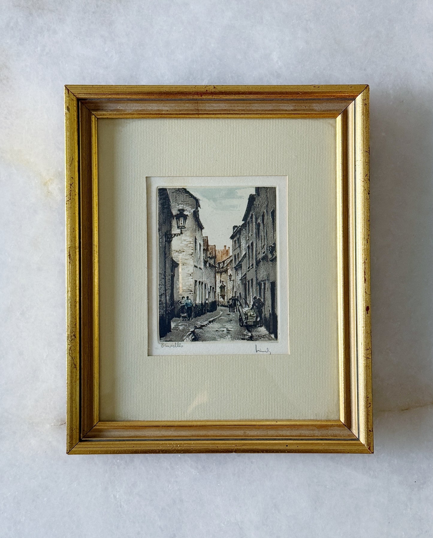 Vintage Framed European Street Scene Etching | Gilt Wood Wall Art