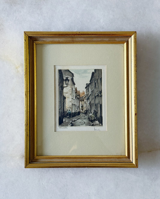 Vintage Framed European Street Scene Etching | Gilt Wood Wall Art