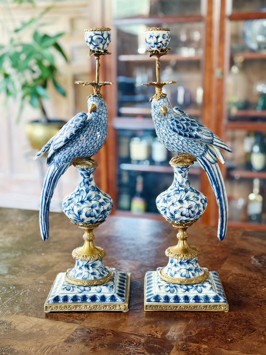 Blue & White Hand Painted Bronze Ormolu Parrot Candle Holders