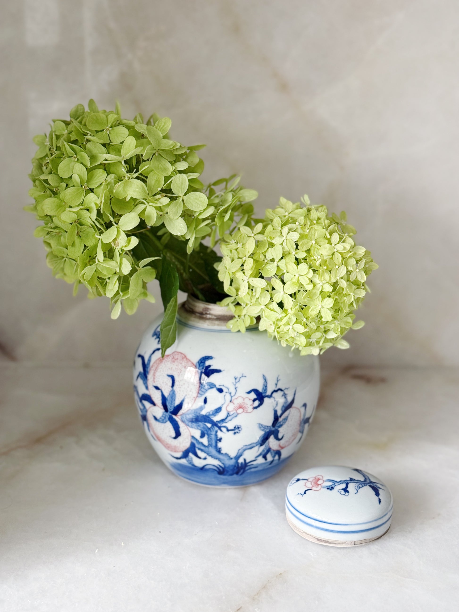 Hand-Painted Blue & Peach Porcelain Ginger Jar