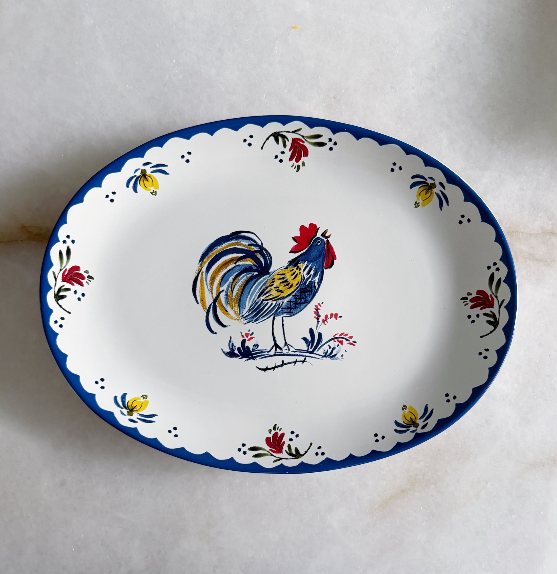 Rooster Oval Platter | Blue & White French Country Dinnerware
