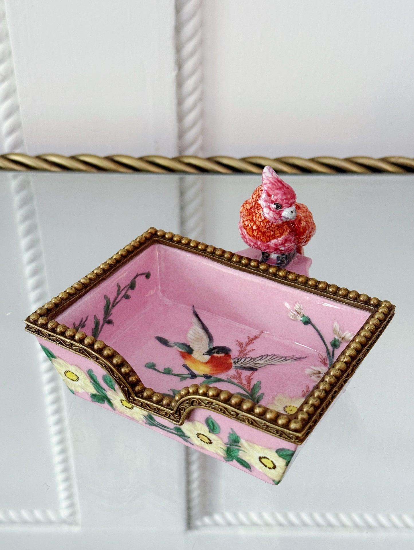 Hand Painted Pink Bird Dish with Bronze Ormolu Detail