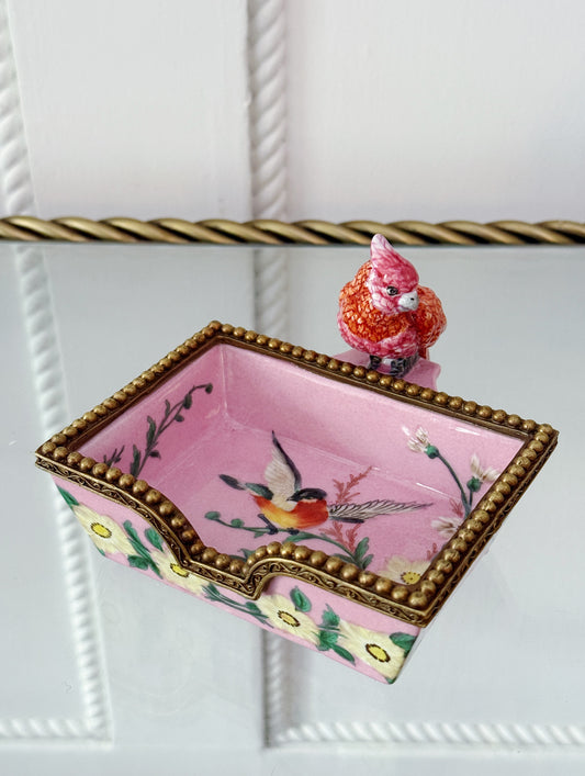 Hand Painted Pink Bird Dish with Bronze Ormolu Detail