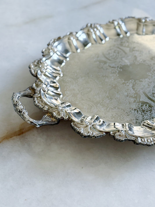 Large vintage silver footed serving tray with etched design