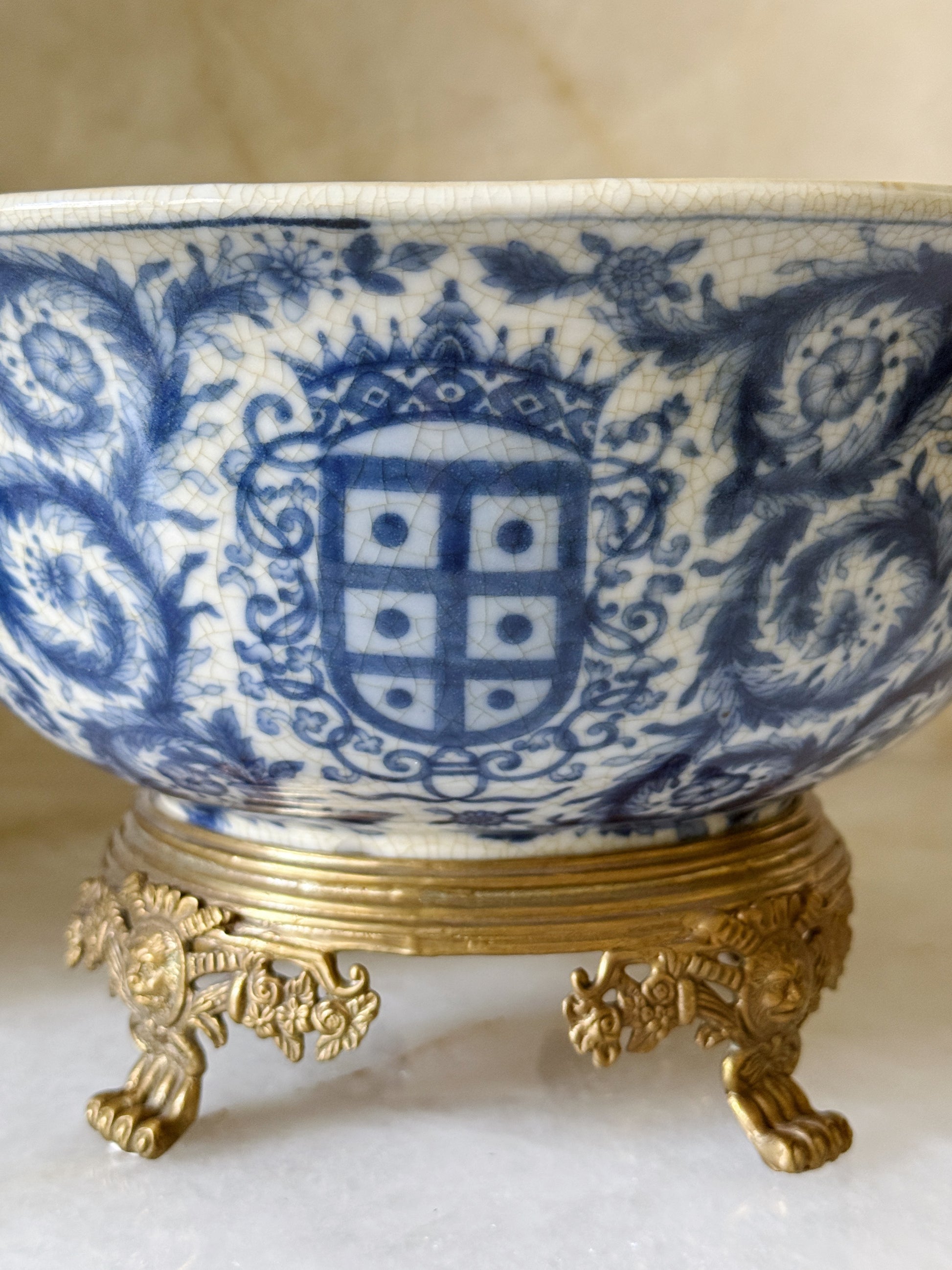 Blue & White Porcelain Bowl with Bronze Ormolu Base