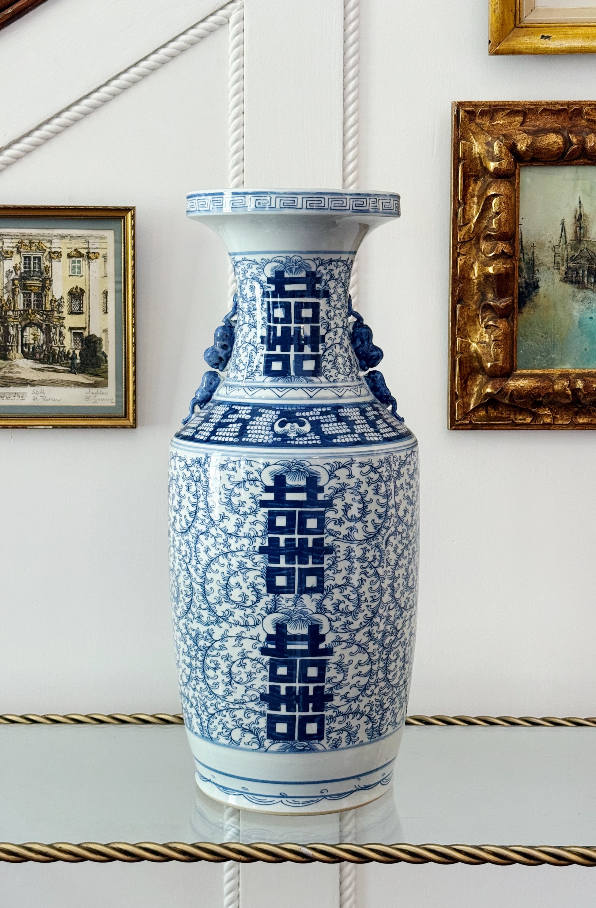 Large Blue & White Chinoiserie Double Happiness Vase