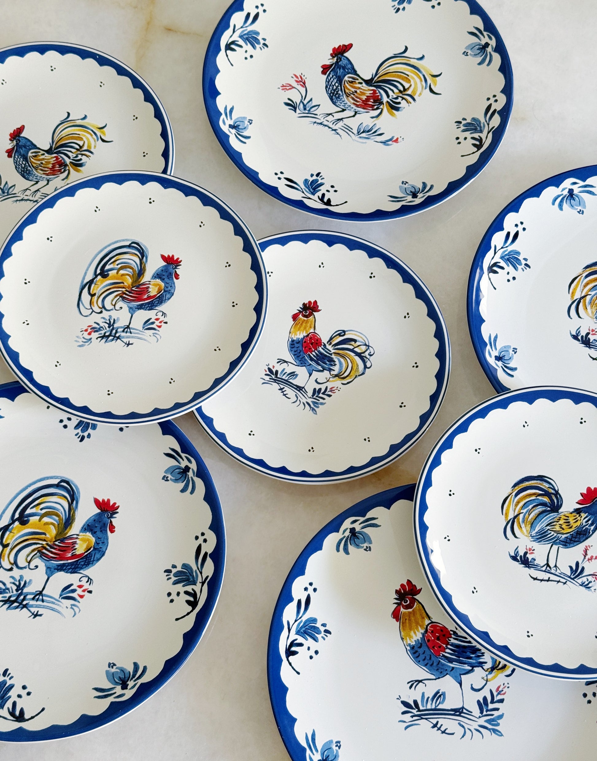 French Rooster Dinner Plates – Set of 4 | Blue & White French Kitchen Tableware