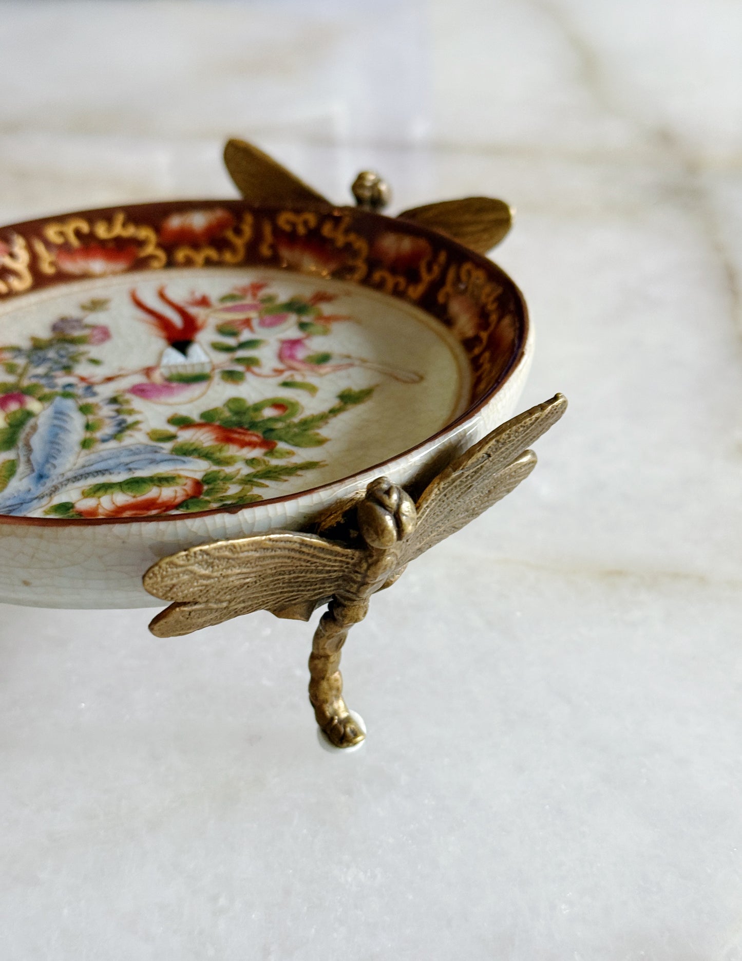 Floral & Bird Porcelain Dish with Bronze Dragonfly Accents
