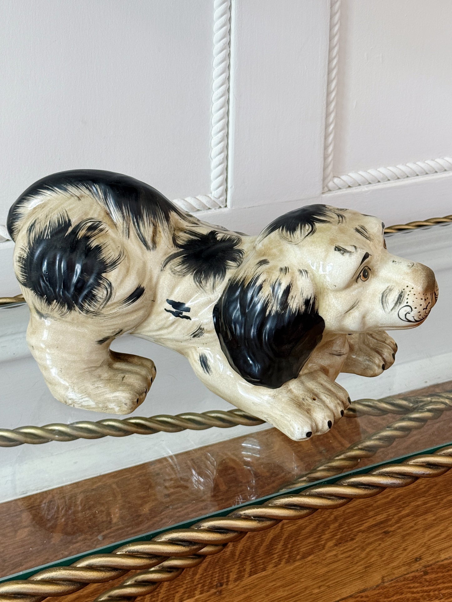 Large Hand-Painted Black & White Staffordshire Style Dogs, Pair