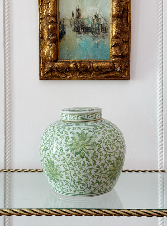 Green & White Scrolling Lotus Ginger Jar
