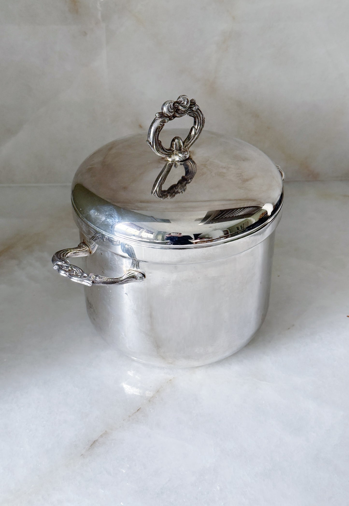 Vintage Silver-Plated Ice Bucket with Ornate Lid and Handles