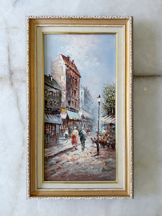 Vintage French Street Scene Framed Oil Painting