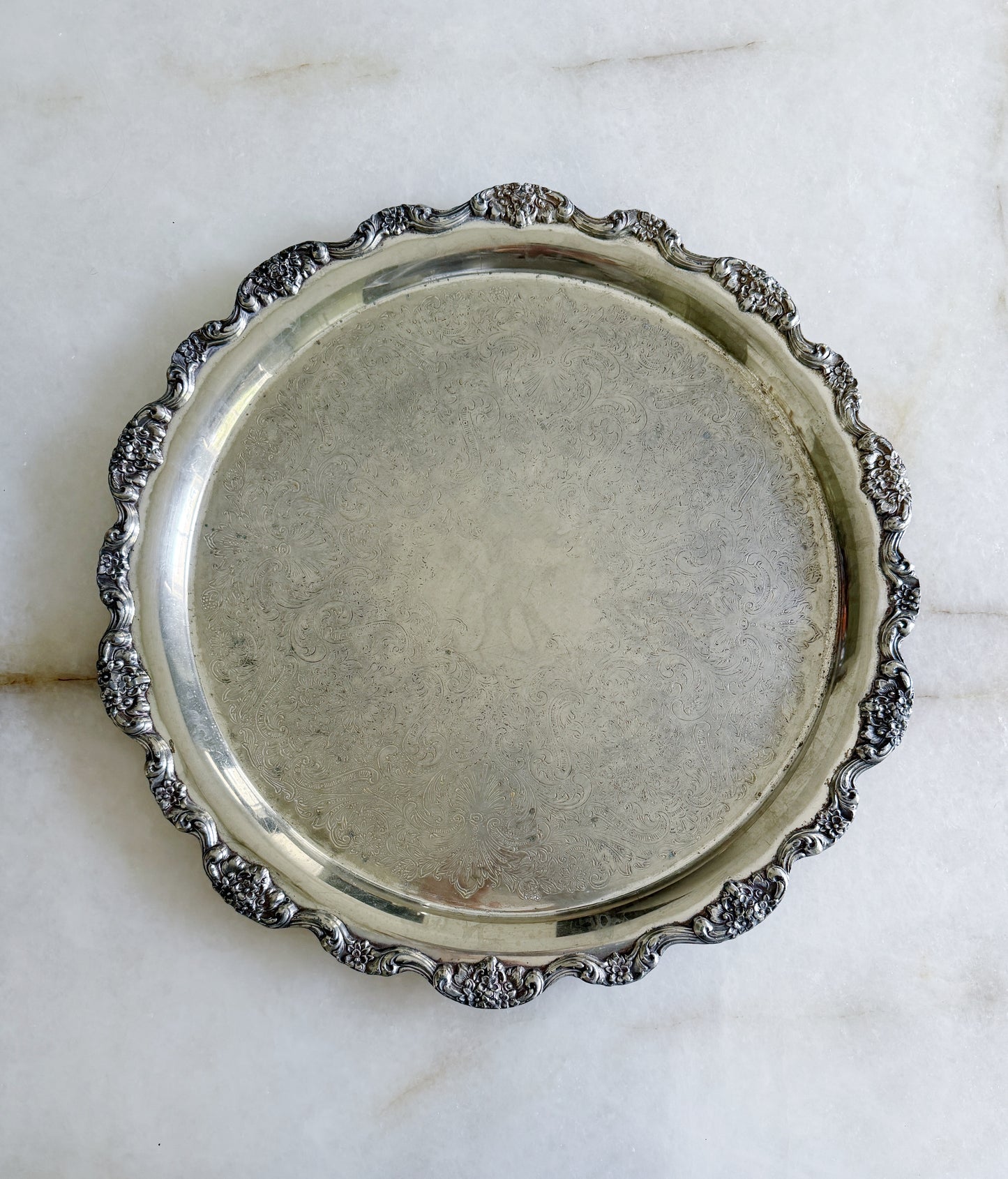 Large Vintage Embossed Silver Serving Tray – 19” Round