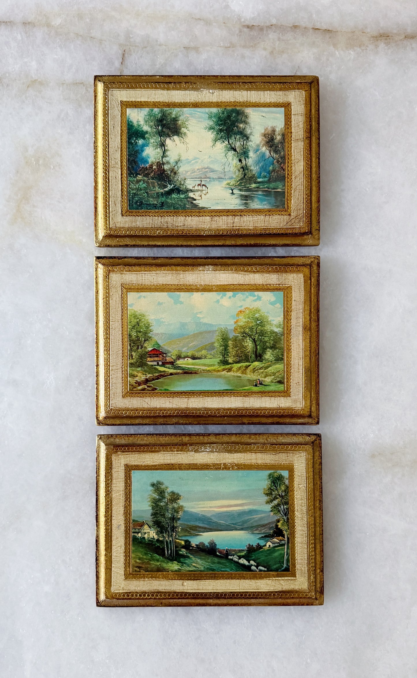 Vintage Italian Florentine Gilt Wood Landscape Plaques, Set of 3 | Framed Scenic Wall Art