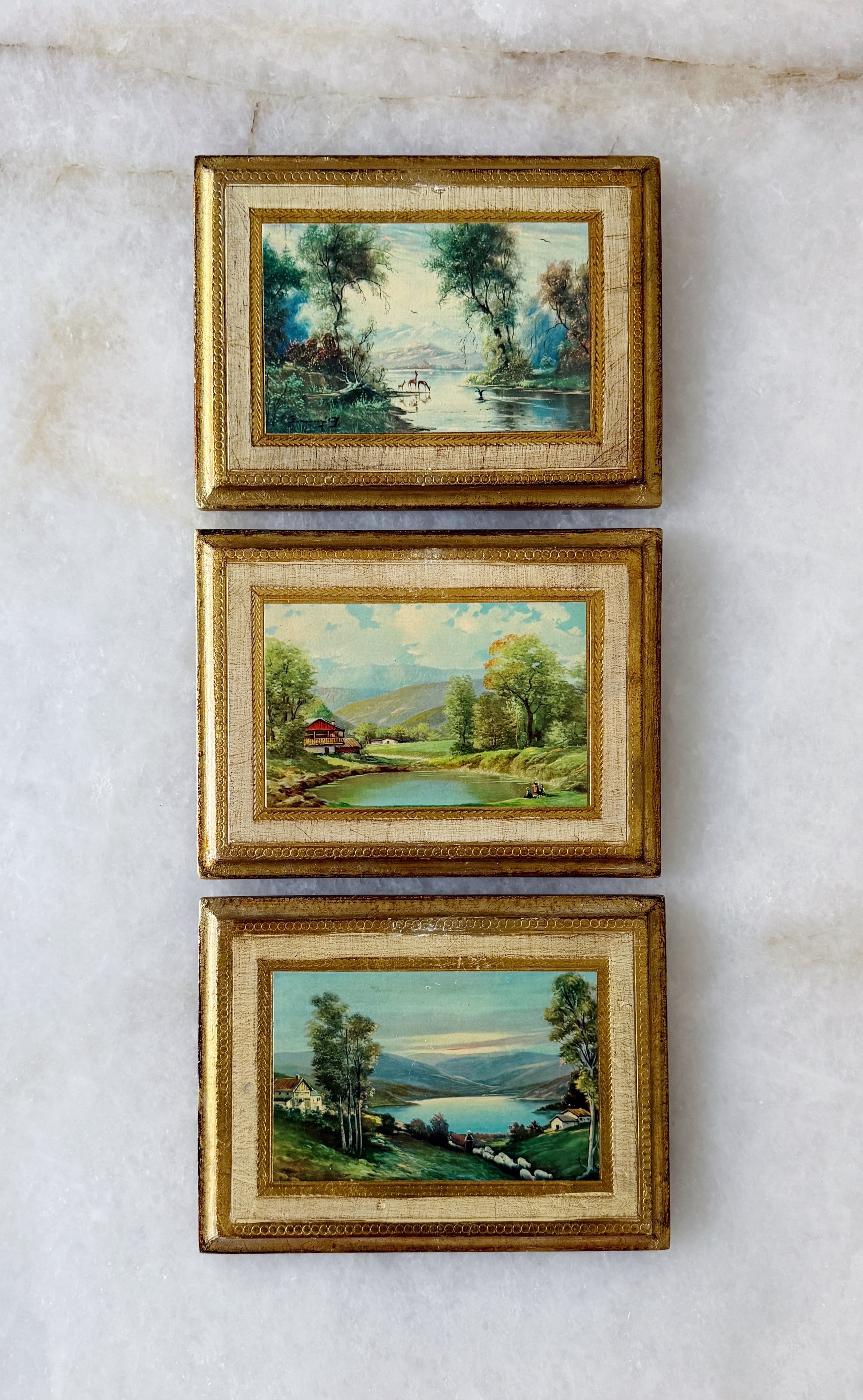Vintage Italian Florentine Gilt Wood Landscape Plaques, Set of 3 | Framed Scenic Wall Art