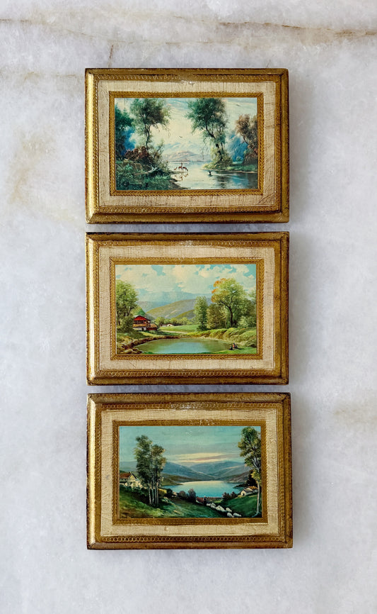 Vintage Italian Florentine Gilt Wood Landscape Plaques, Set of 3 | Framed Scenic Wall Art