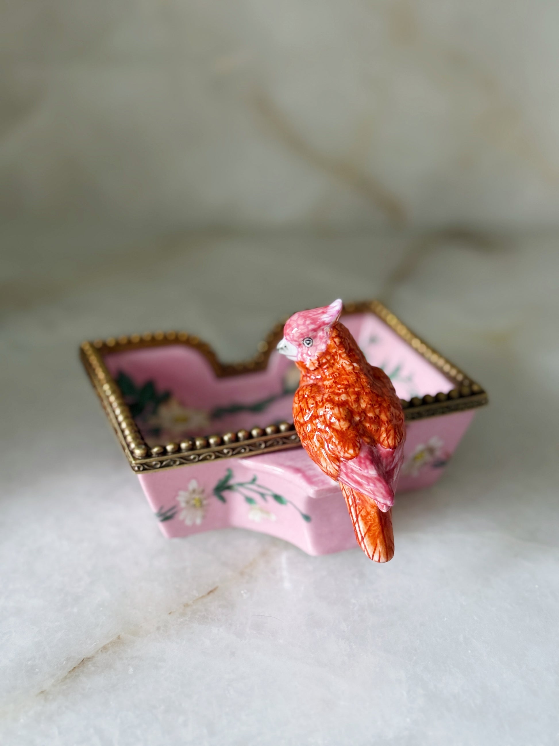 Hand Painted Pink Bird Dish with Bronze Ormolu
