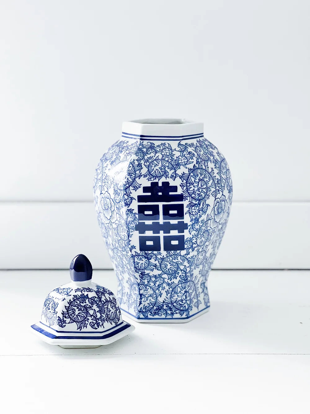 blue and white double happiness ginger jar