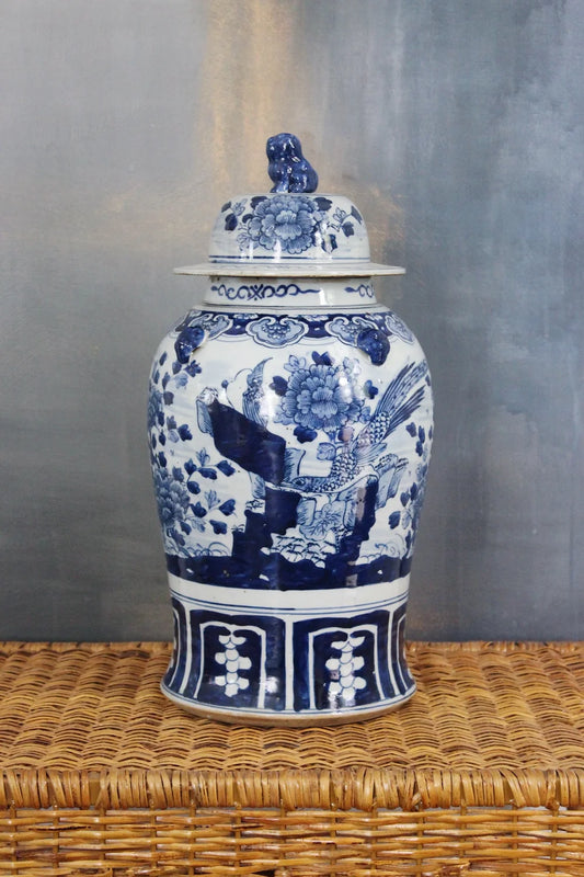 blue and white large ginger jar with foo dog lid