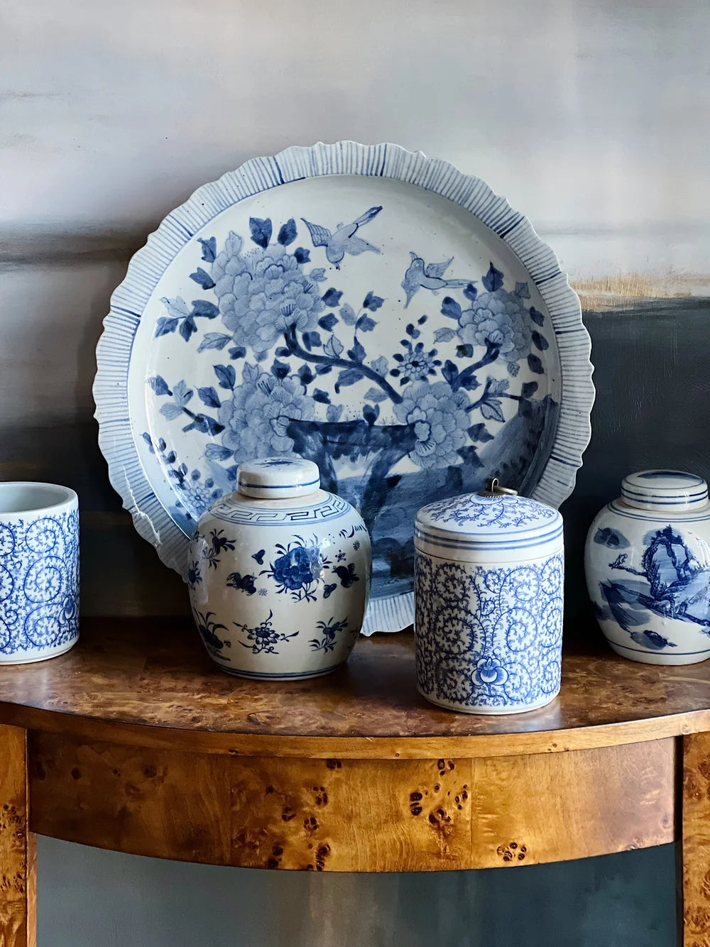 blue and white platter, orchid pot, storage jar, and set of two ginger jars