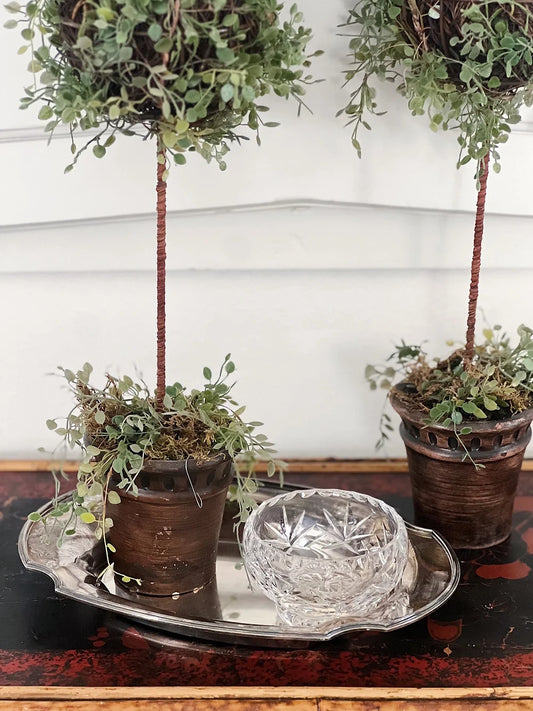 antique silver Hepplewhite tray with topiaries