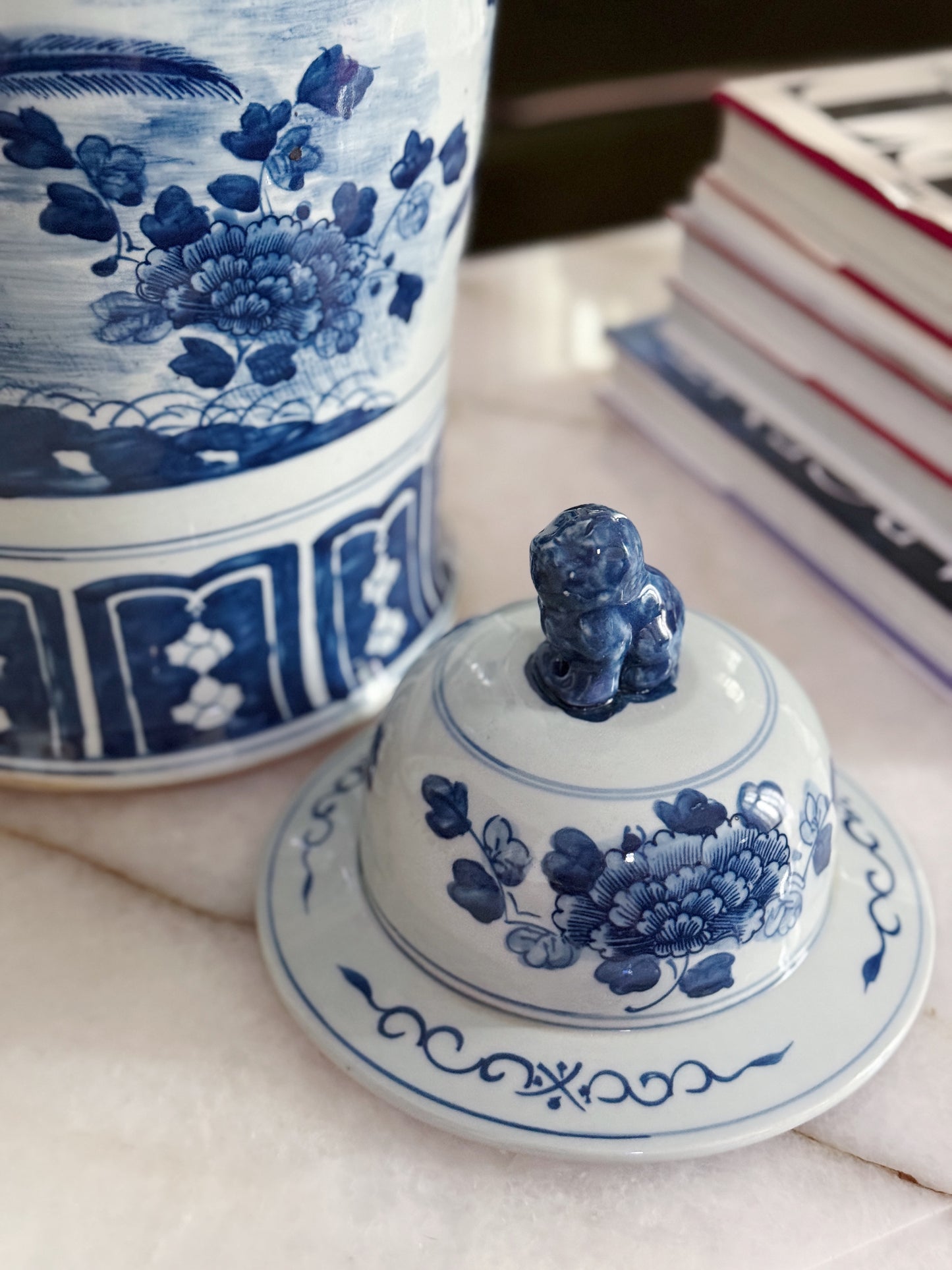 Large Blue & White Chinoiserie Floral Temple Jar