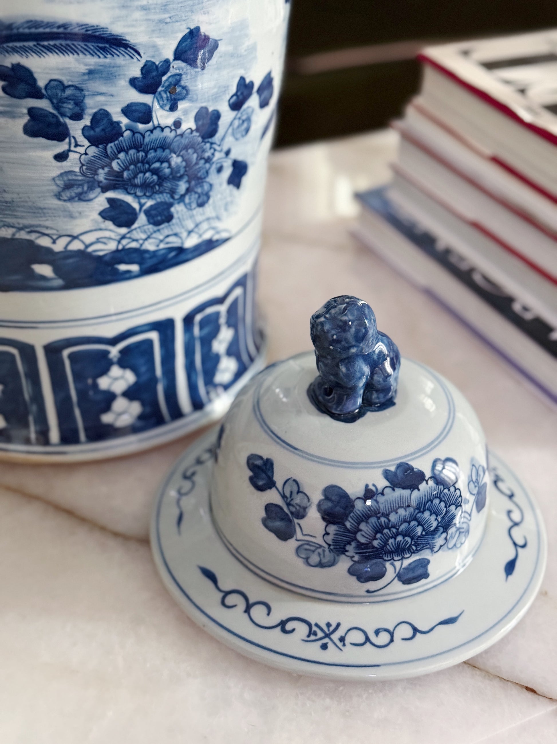 Large Blue & White Chinoiserie Floral Temple Jar