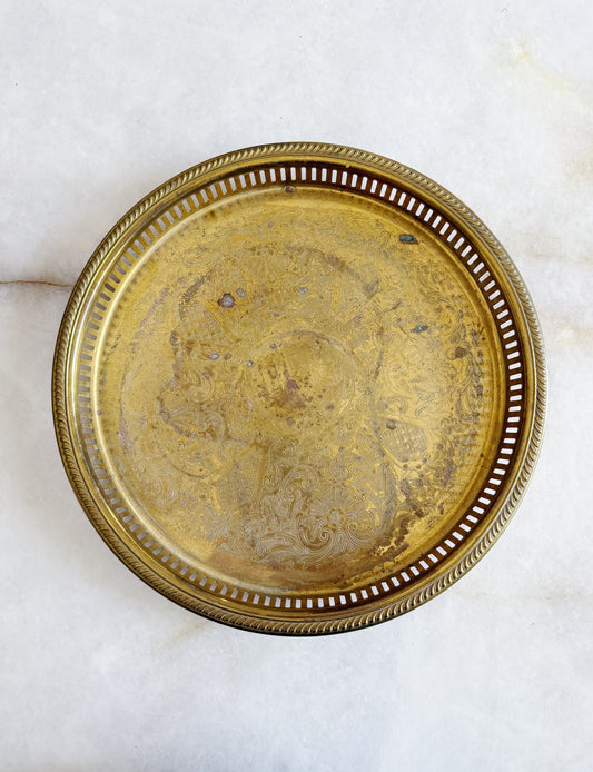 Vintage brass serving tray with reticulated edges
