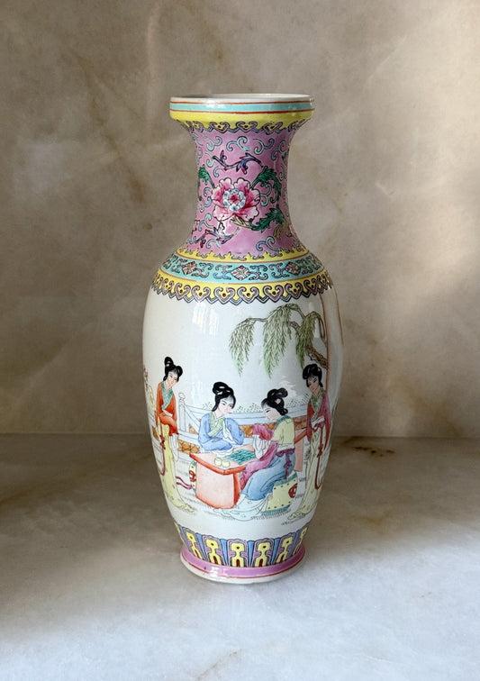 Vintage Famille Rose Style Chinese Porcelain Vase | Hand-Painted Figural Scene | 12”