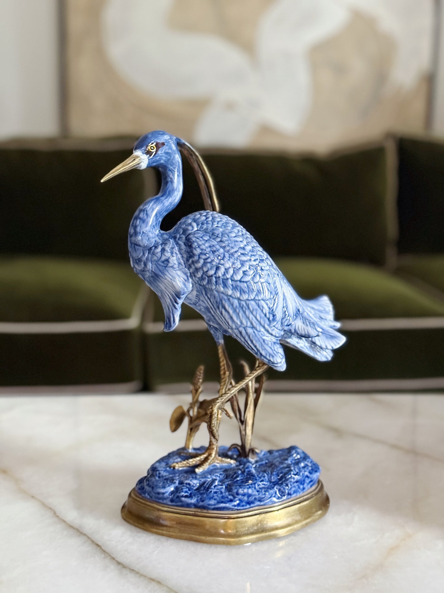 Hand-Painted Blue and White Heron Porcelain Sculpture with Bronze Ormolu Base